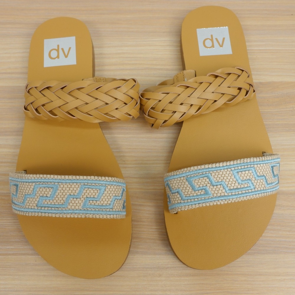 Camel Braided Boho Slide Sandals Women 6 Coastal Grandma Greek Key DV Dolce Vita